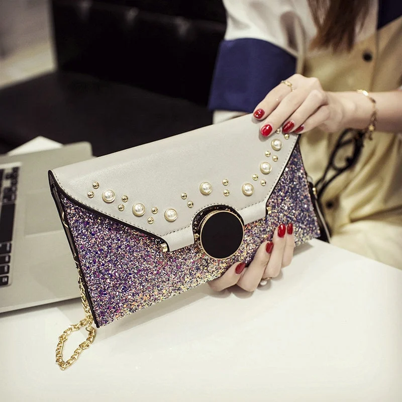 Modern evening clutches with geometric shapes and minimalistic finishes for a trendy look -QIAOBAO 2019 New Vintage Beaded Handbag Package Women Fashion Sequins Envelope Bag Personality Clutch Purse Leather Top Quality