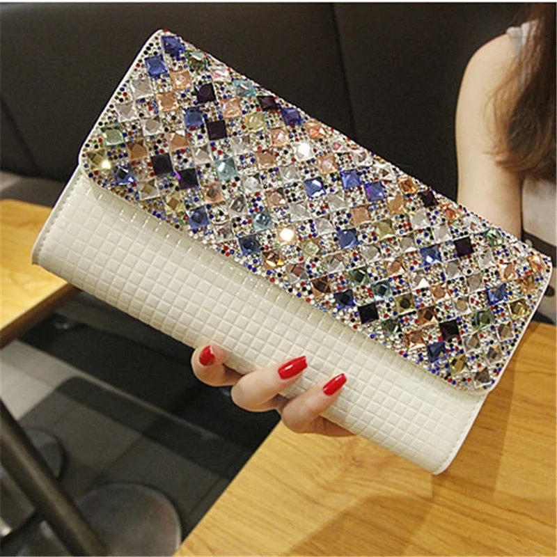 Stylish evening clutches with soft leather for a smooth, elegant look -QIAOBAO 2019 Newest Bridal diamond beaded clutch bag evening bag patent leather bag shoulder Rhinestone bag