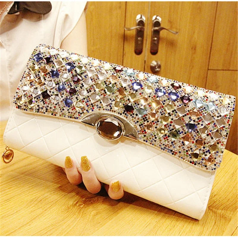 Luxurious leather evening clutches with embossed patterns for a rich, polished appearance -QIAOBAO Banquet party bag high-end clutch bag hand-held diamond-studded shoulder oblique cross-hand grasping color diamond bag