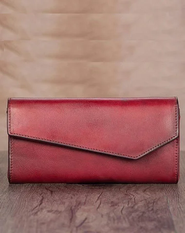 Petite evening clutches with structured designs for high-fashion and sophisticated events -Red Vintage Womens Genuine Leather Long Folded Wallet Brown Clutch Phone Purses for Ladies