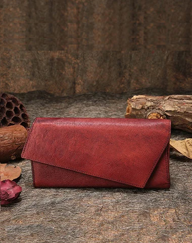 Leather clutch bags with sleek designs and metallic finishes for evening affairs -Red Womens Vintage Leather Trifold Long Wallet Geometry Clutch Long Wallet for Ladies