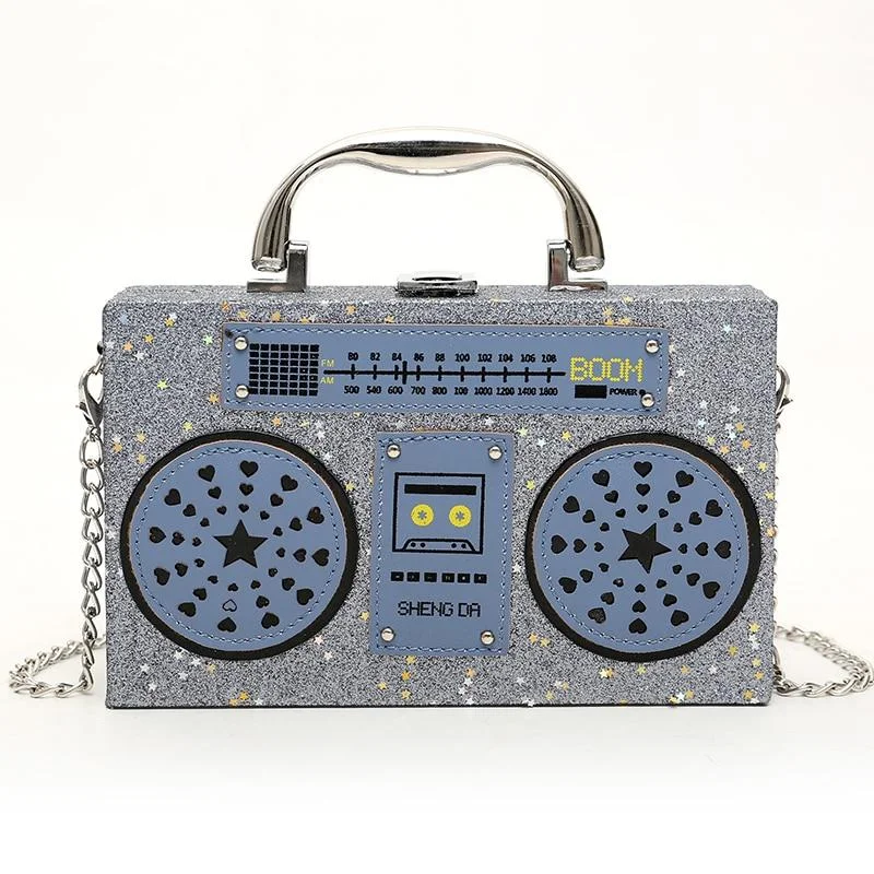 Unique evening bags with abstract designs and luxurious materials for fashion-forward looks -Sequined Denim Cartoon Radio Style Fashion Box Ladies Handbag Party Purse Shoulder Bag Crossbody Mini Messenger Bag Womens' Flap