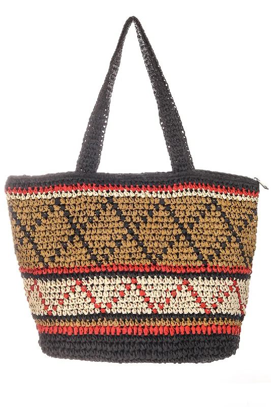 Evening bags with floral appliqués and beaded details for a feminine and intricate style -Straw Braided Boho Striped Pattern Tote Bag