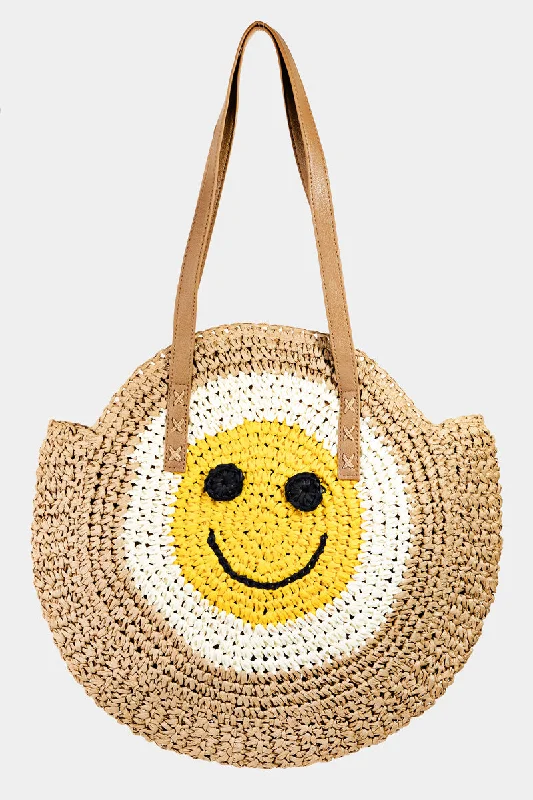 Beautiful embellished evening clutches with sequins and beads for added sparkle and glamour -Straw Braided Round Happy Face Tote Bag