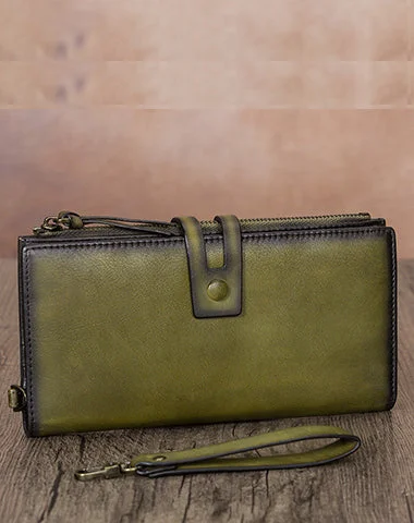 Velvet evening bags with soft, rich texture and minimalistic hardware for elegance -Vintage Green Leather Wristlet Wallet Womens Wallet Bifold Long Clutch Wallet for Women