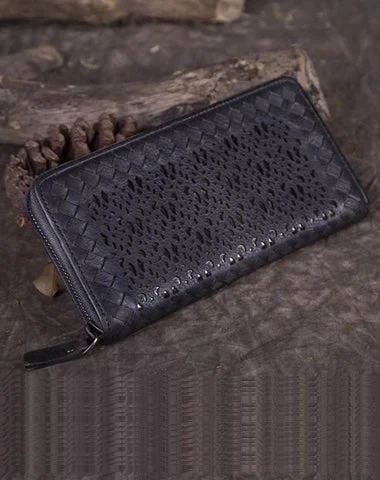 Vintage-inspired evening bags with intricate beadwork for a retro chic look -Vintage Womens Black Leather Long Wallet Clutch Brown Zipper Long Woven Wallet Purses for Ladies