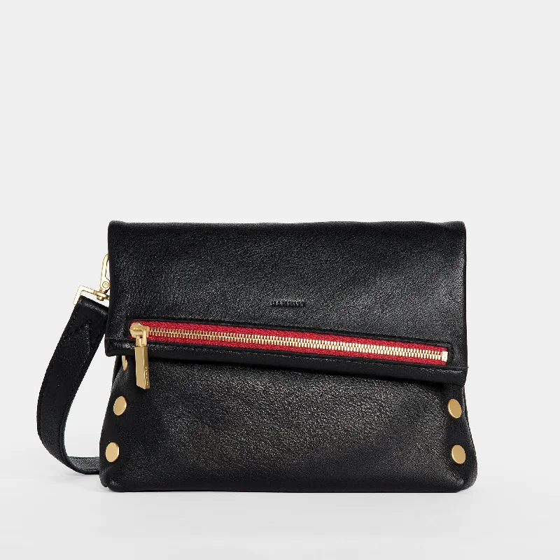 Simple evening clutches with minimalist designs for an understated yet classy style -VIP | Black/Brushed Gold Red Zip | Med