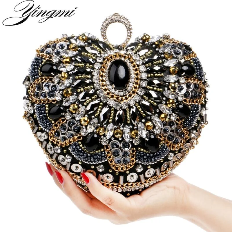 Crystal-studded evening clutches with intricate designs for festive, glamorous events -YINGMI Handmade Style Beaded Women Evening Bags Diamonds Embroidery Lady Clutches Chain Shoulder Purse Bags Heart Design Wallets